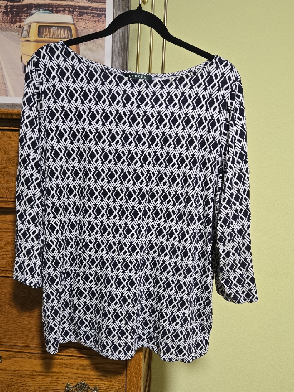 Lauren Ralph Lauren Blue & White Geometric 3/4 Length Sleeve Top
